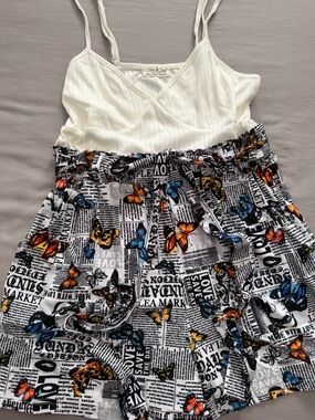 Jolie & Joy White Ribbed Cami with Butterfly Print Paperbag Romper